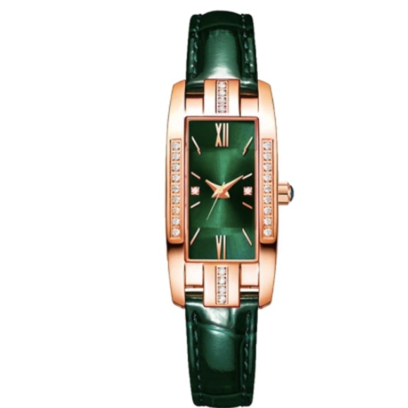 Elegant women's wrist watch with green shiny leather bracelet and golden frame - Picture 3 of 3